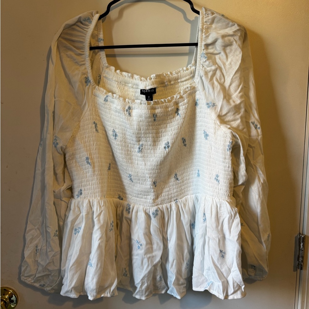 Torrid Cream Ruffled Peplum Blouse with Bib Collar
